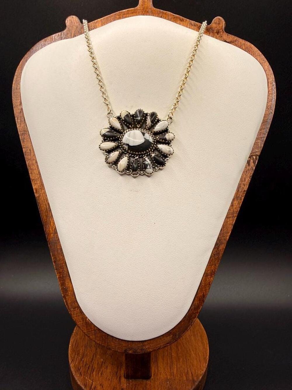 Black & White Buffalo Stone Cluster Pendant Necklace – Sterling Silver 925, 16”